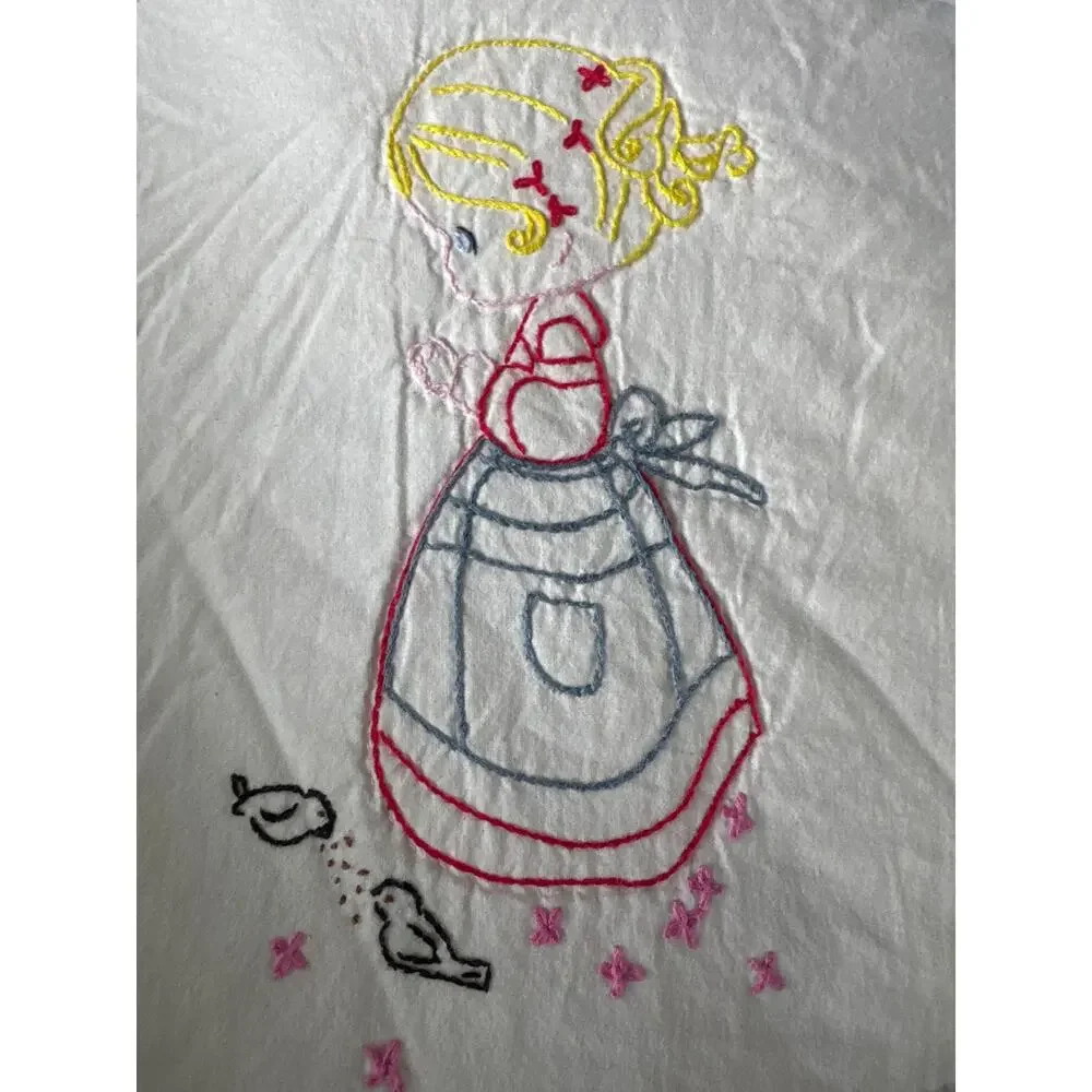 Vintage Hand Embroidered Child’s Quilt – Blue & White Precious Moments Style
